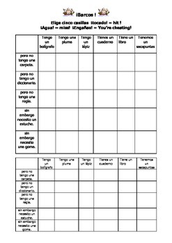 Preview of Spanish Teaching Resources. Battleships/ Lotto grid School bag Items