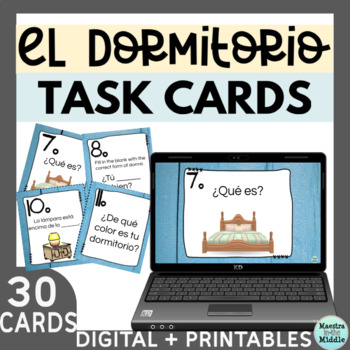 Preview of Spanish Bedroom El Dormitorio Task Cards Digital and Printables