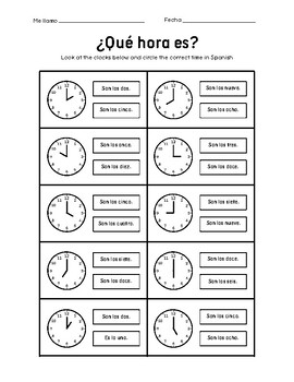 Preview of Spanish Beginner Time Worksheet