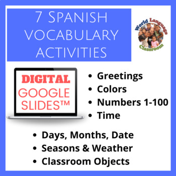 Preview of Spanish Beginner Topics Digital, Google Slides™ Vocabulary Activities Bundle