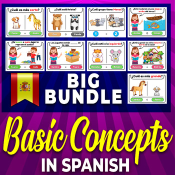 Preview of Spanish Big Bundle " Basic Concepts ", Printable Task Cards for kids