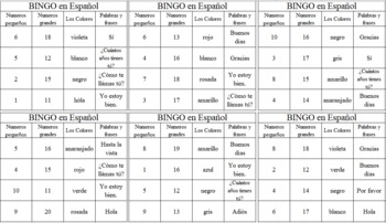 Preview of Spanish Bingo (Beginning) 36 Cards 4 X 4 Board Numbers 1-20, Colors, Phrases
