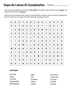 Preview of Spanish Birthday Word Search