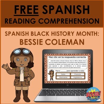 Preview of Spanish Black History Month Reading Comprehension Bessie Coleman FREE BOOM CARDS