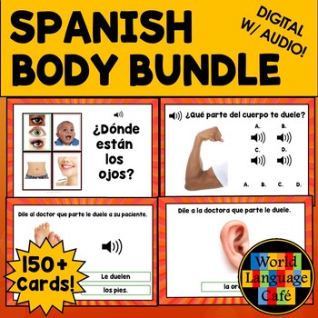 Preview of Spanish Body Parts Boom Cards Spanish Digital Flashcards Task Cards Bundle