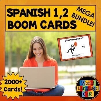 Preview of Spanish Boom Cards Spanish 1 2 Spanish Boom Cards Digital Flashcards Sub Plans