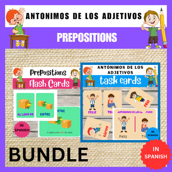 Preview of Spanish Bundle: Adjective Antonyms Task Cards & Spatial Concepts Flashcards.