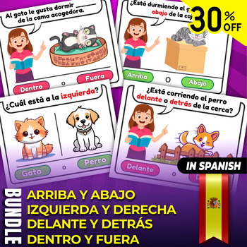 Preview of Spanish Bundle " Basic Spatial Concepts ", Positions Task Cards Opposite