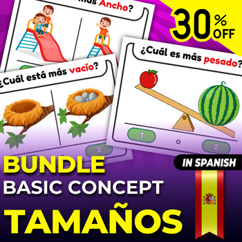 Preview of Spanish Bundle (Tamaños) Sizes " Basic Concepts ", Printable Task Cards opposite