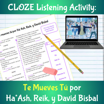 Preview of Spanish CLOZE Listening Activity Te mueves tú | #mandatos #commands #musica