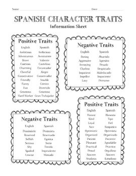 Preview of Spanish Character Traits Information Sheet, Worksheet & Answer Key