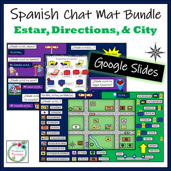 Preview of Spanish Chat Mat Bundle - Estar, Prepositions of Location, City - Google Slides