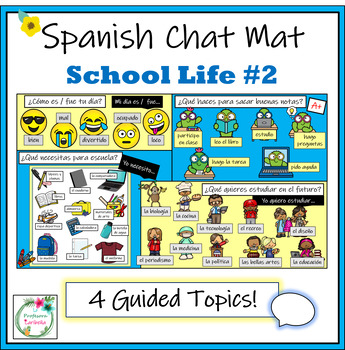 Preview of Spanish Chat Mat School Life #2 - 4 Guided Topics