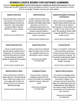 Preview of Spanish Choice Board for Distance Learning