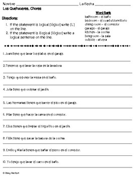 Preview of Spanish Chores  Logical or Illogical Worksheet Los Quehaceres