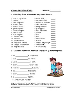 Preview of Spanish Chores Vocabulary Worksheet: Deberes / Quehaceres (Limpiar/Lavar)