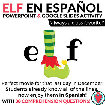 Preview of Spanish Christmas Activity Elf Movie Questions Google Slides PowerPoint Navidad