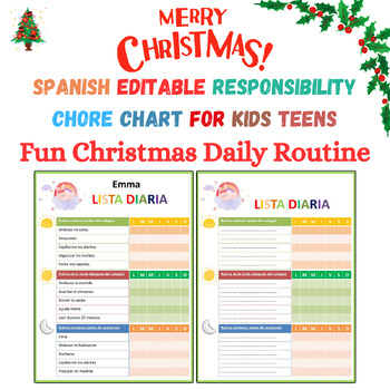 Preview of Spanish Christmas  Editable Responsibility Chore Chart for Kids Teens