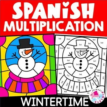 Preview of Spanish Winter Color by Number Code Multiplication Facts Practice Coloring Pages