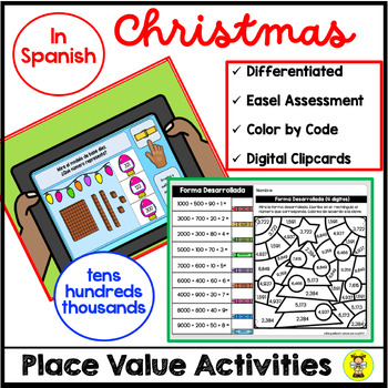 Preview of Spanish Christmas Place Value Math Activities and Digital Assessment