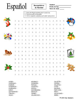 Spanish Christmas Word Search Puzzle Worksheet and Vocabulary by Sue ...