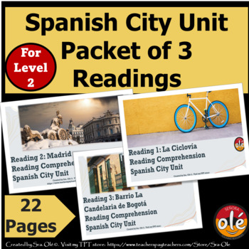 Preview of Spanish City Unit Reading Comprehension Set of 3 La Ciudad Barrio y Comunidad