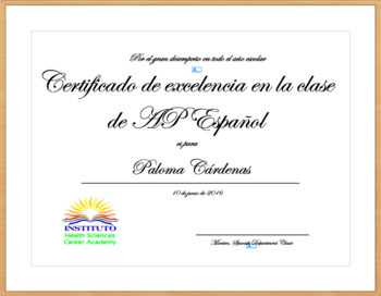 Preview of Spanish Class Certificate Diploma. AP Spanish Certificate in Spanish or English