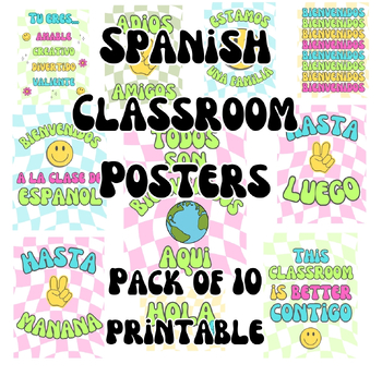 Preview of Spanish Class Decorative Posters Hippie Retro Colorful Happy Peace Vibes
