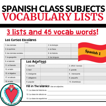 Preview of Spanish Class Subjects Names of Classes Spanish to English Vocabulary Worksheets