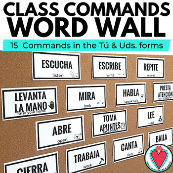 Preview of Spanish to English Verbs Bulletin Board Spanish Classroom Commands Word Wall