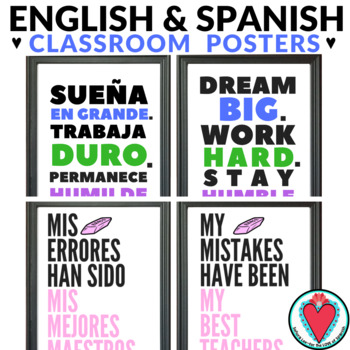 Preview of Spanish Classroom Décor - Growth Mindset Quotes - Bilingual Posters - ESL ELL