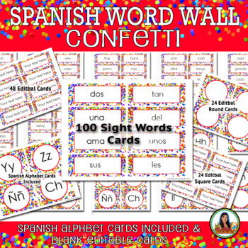 Preview of Spanish Classroom Decor Confetti Word Wall, Word Cards & Alphabet