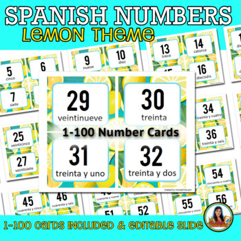 Preview of Spanish Classroom Decor Lemon Number Wall, 1-100 & Editable Slides