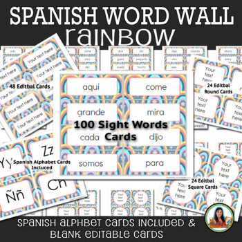 Preview of Spanish Classroom Decor Rainbow Word Wall, Word Cards & Alphabet