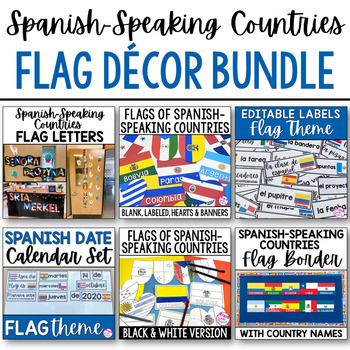 Preview of Spanish Classroom Decor Spanish Speaking Countries Flags Labels Calendar BUNDLE
