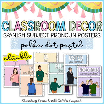 Preview of Spanish Classroom Decor Spanish Subject Pronoun Posters Polka Dot Pastel