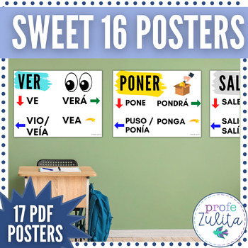 Preview of Spanish Classroom Decor Sweet 16 Posters | Printable Word Wall - EDITABLE