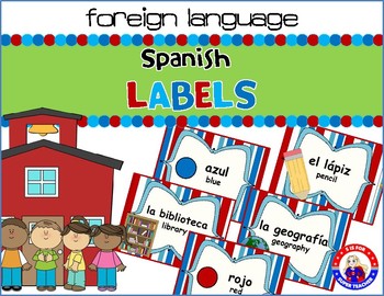 Preview of Dual Language - English to Spanish Classroom Labels: Red, White, & Blue
