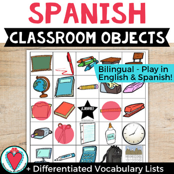 Preview of Spanish Classroom Objects School Supplies Bingo Game with Pictures + Vocabulary
