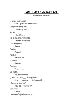 Preview of Spanish Classroom Phrases Notes & Worksheet