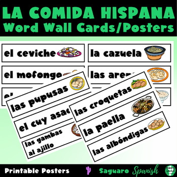 Preview of Spanish Classroom Posters | Comida Hispana Vocabulary | Food Word Wall Cards