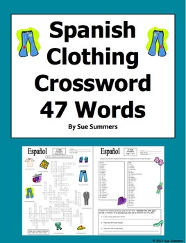 Spanish Clothing Crossword, Vocabulary IDs and Sentences by Sue Summers