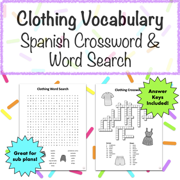Spanish Las Ropas (Clothes); Word Search; Translate; Vocab
