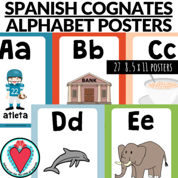 Spanish Alphabet A to Z with Pictures of Spanish Cognates Printable Posters