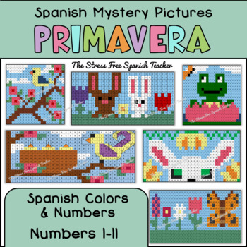 Preview of Spanish Color By Number SPRING Mystery Pictures for PRIMAVERA worksheets