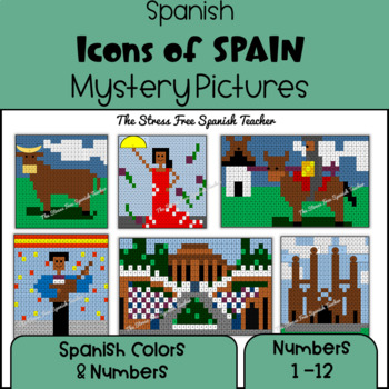 Preview of SPAIN themed Spanish Color By Number practice Colors and Numbers NO PREP