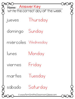 Spanish Days of the Week Pocket Chart Cards and Worksheets Español Black