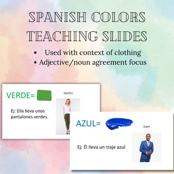 Preview of Spanish Colors(Colores) Teaching Slides/Adjective Noun Agreement/Colors+Clothes