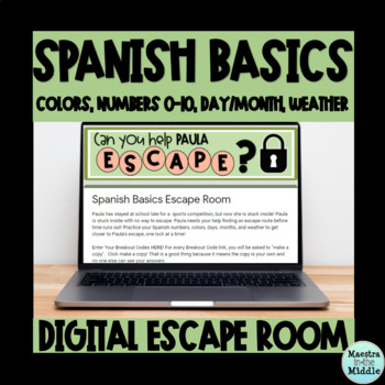 Preview of Spanish Colors Numbers Weather Days and Months Digital Escape Room FREEBIE