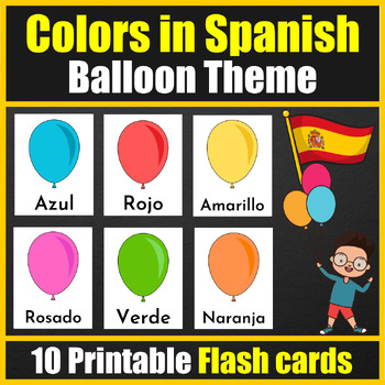 Preview of Spanish Colors Vocabulary Flash cards for students - Balloon Theme